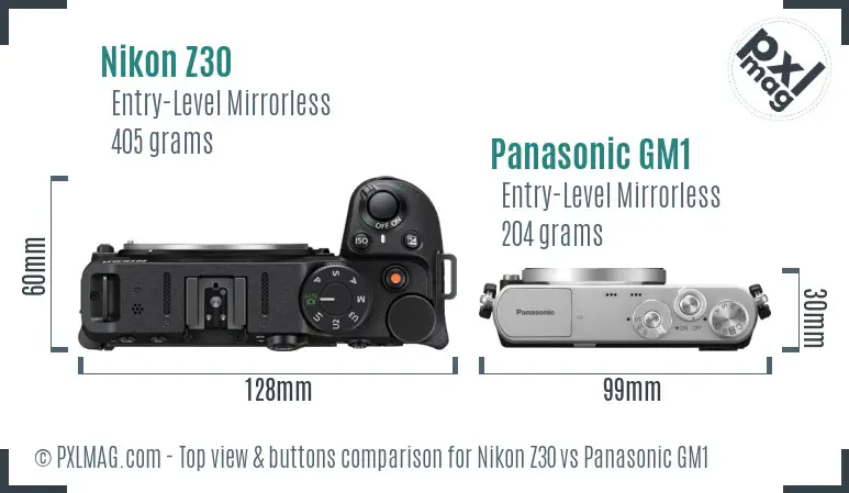 Nikon Z30 vs Panasonic GM1 top view buttons comparison Nikon Z30 vs Panasonic GM1 top view buttons comparison