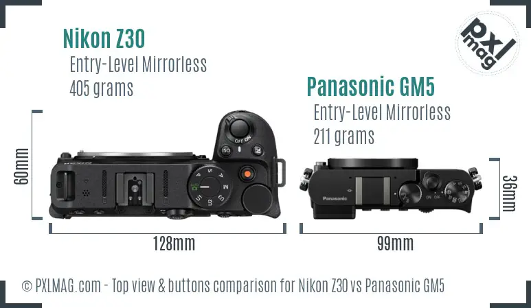 Nikon Z30 vs Panasonic GM5 top view buttons comparison Nikon Z30 vs Panasonic GM5 top view buttons comparison