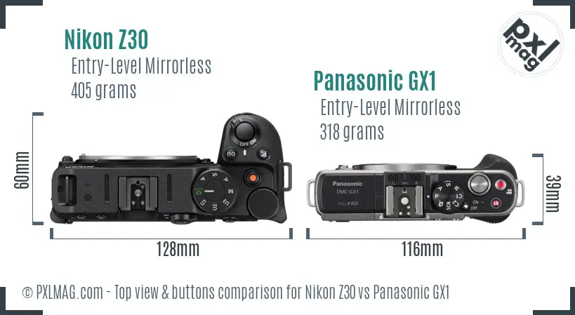 Nikon Z30 vs Panasonic GX1 top view buttons comparison