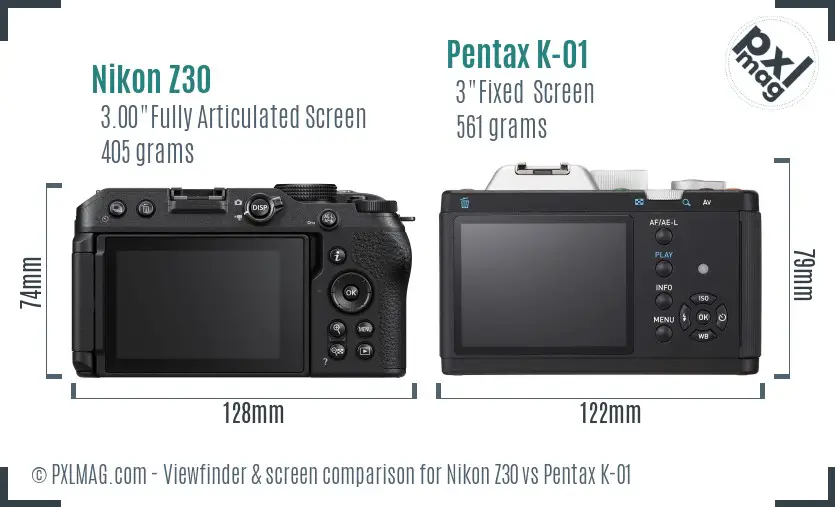 Nikon Z30 vs Pentax K-01 Screen and Viewfinder comparison