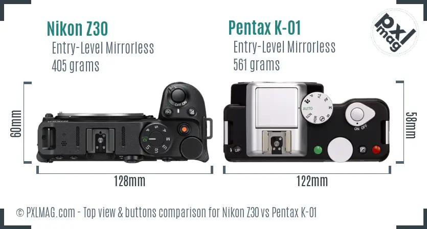 Nikon Z30 vs Pentax K-01 top view buttons comparison