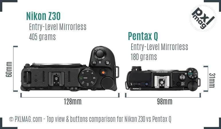 Nikon Z30 vs Pentax Q top view buttons comparison