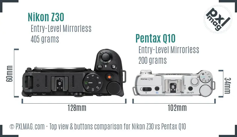 Nikon Z30 vs Pentax Q10 top view buttons comparison Nikon Z30 vs Pentax Q10 top view buttons comparison