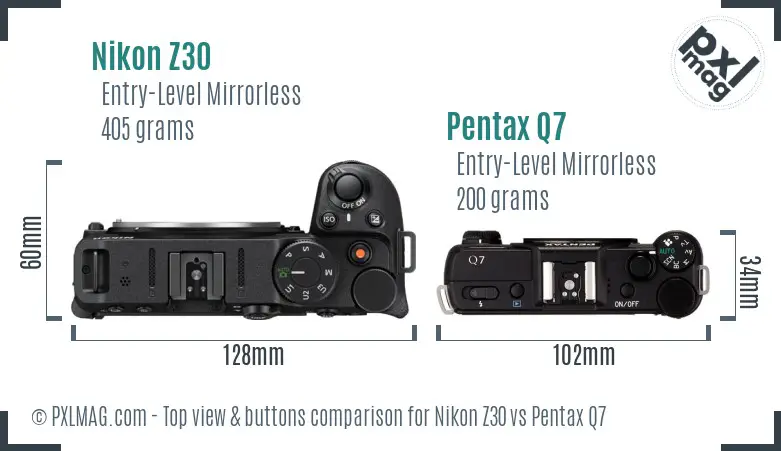 Nikon Z30 vs Pentax Q7 top view buttons comparison