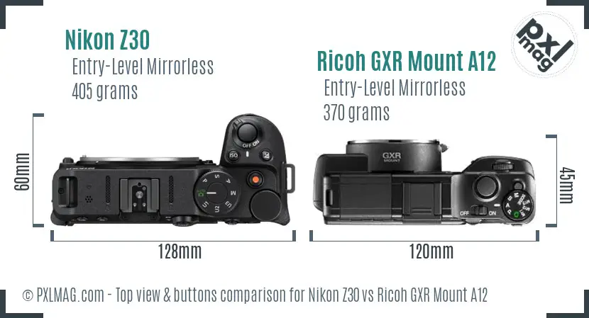 Nikon Z30 vs Ricoh GXR Mount A12 top view buttons comparison