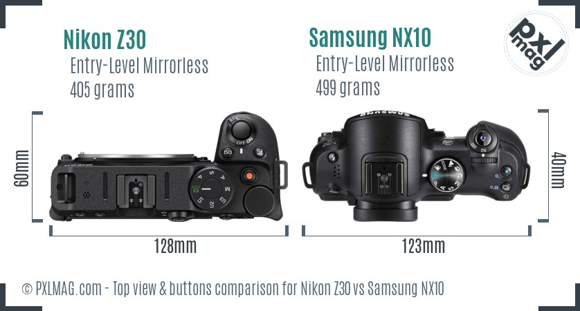 Nikon Z30 vs Samsung NX10 top view buttons comparison