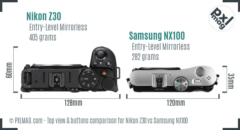 Nikon Z30 vs Samsung NX100 top view buttons comparison