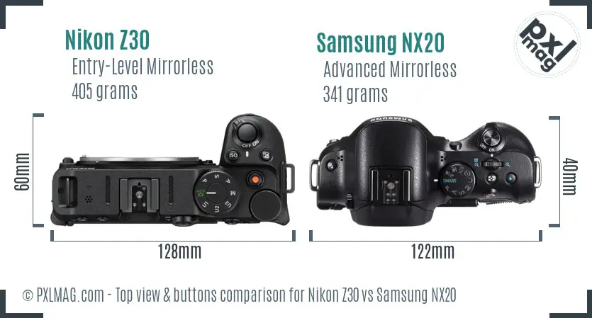 Nikon Z30 vs Samsung NX20 top view buttons comparison Nikon Z30 vs Samsung NX20 top view buttons comparison