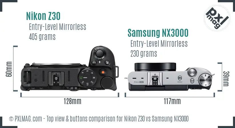 Nikon Z30 vs Samsung NX3000 top view buttons comparison Nikon Z30 vs Samsung NX3000 top view buttons comparison