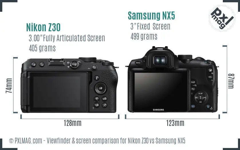 Nikon Z30 vs Samsung NX5 Screen and Viewfinder comparison