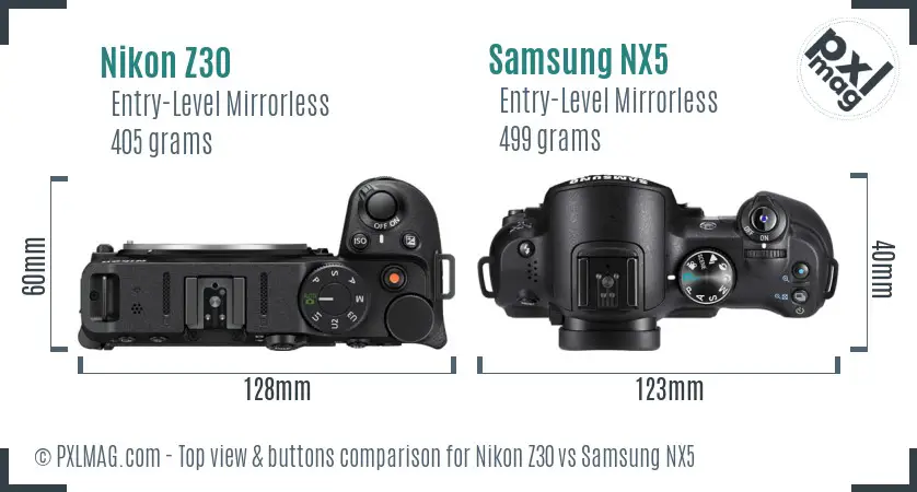 Nikon Z30 vs Samsung NX5 top view buttons comparison