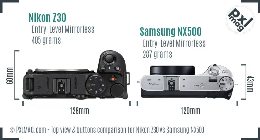 Nikon Z30 vs Samsung NX500 top view buttons comparison