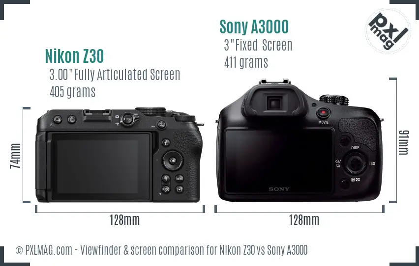 Nikon Z30 vs Sony A3000 Screen and Viewfinder comparison