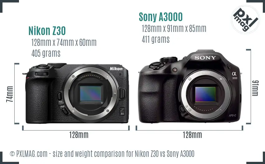 Nikon Z30 vs Sony A3000 size comparison