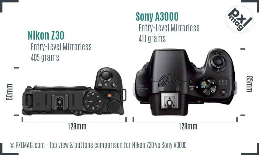 Nikon Z30 vs Sony A3000 top view buttons comparison