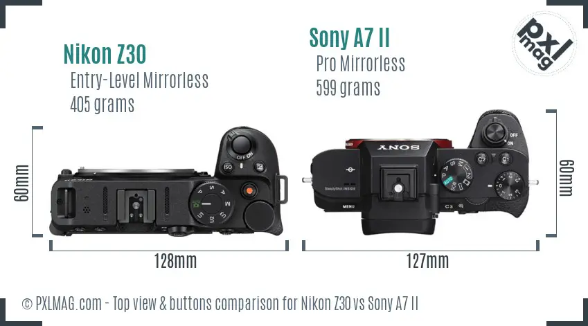 Nikon Z30 vs Sony A7 II top view buttons comparison