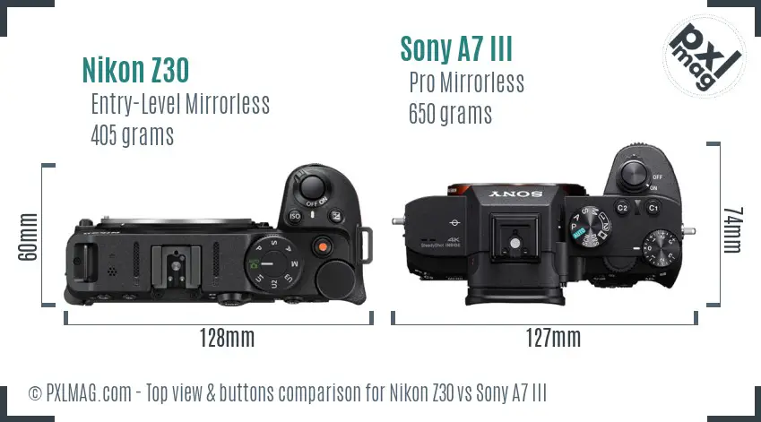 Nikon Z30 vs Sony A7 III top view buttons comparison Nikon Z30 vs Sony A7 III top view buttons comparison