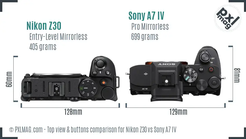 Nikon Z30 vs Sony A7 IV top view buttons comparison