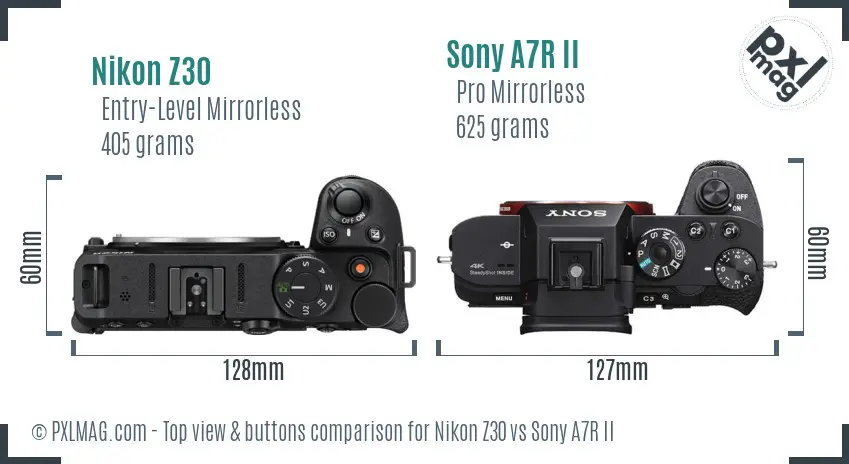 Nikon Z30 vs Sony A7R II top view buttons comparison Nikon Z30 vs Sony A7R II top view buttons comparison