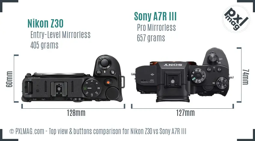 Nikon Z30 vs Sony A7R III top view buttons comparison Nikon Z30 vs Sony A7R III top view buttons comparison
