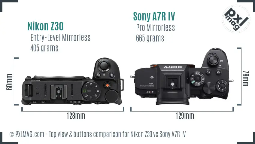 Nikon Z30 vs Sony A7R IV top view buttons comparison