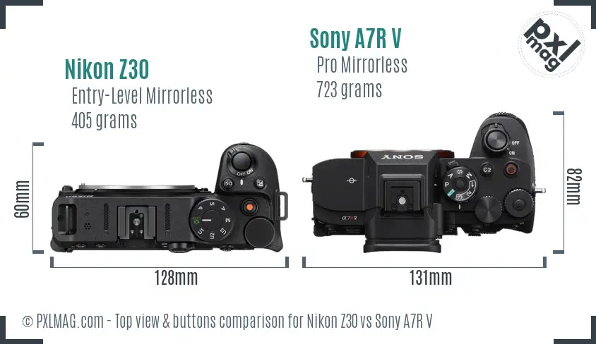 Nikon Z30 vs Sony A7R V top view buttons comparison