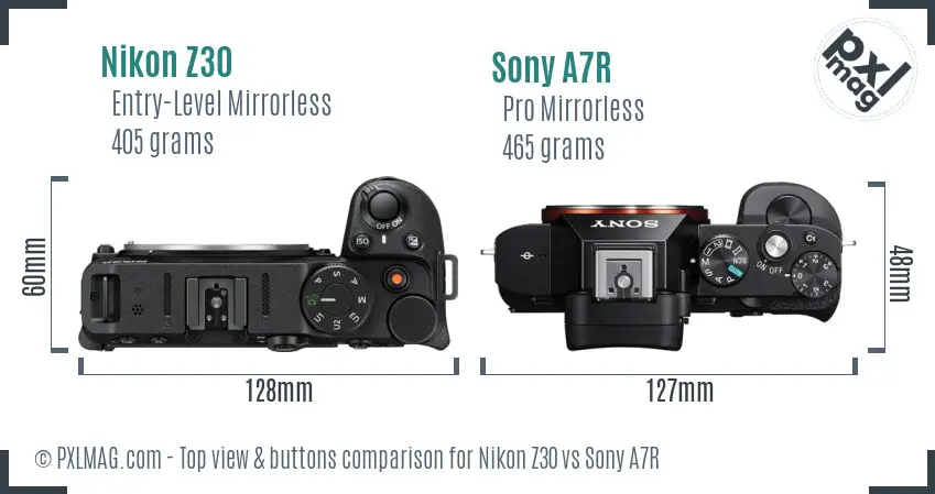 Nikon Z30 vs Sony A7R top view buttons comparison