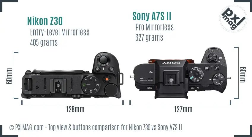 Nikon Z30 vs Sony A7S II top view buttons comparison