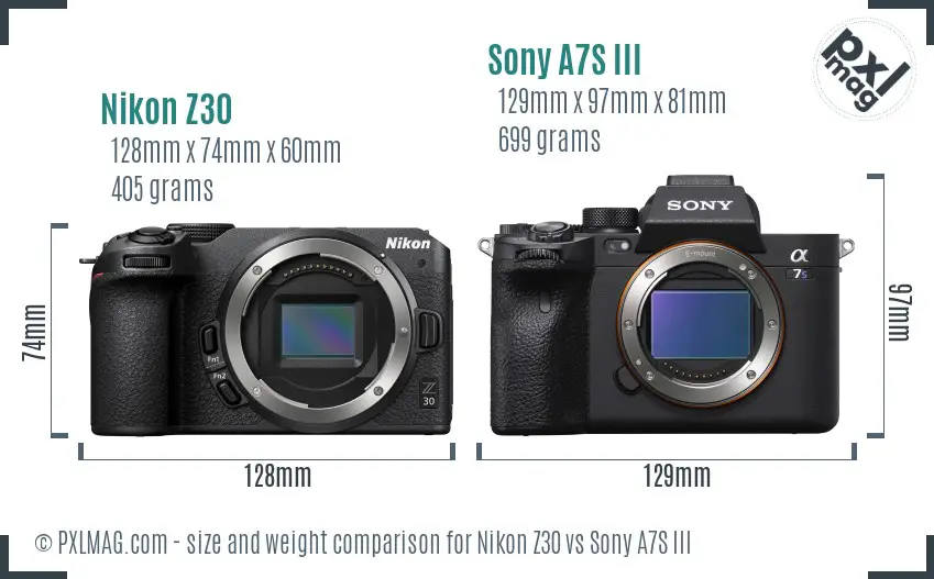 Nikon Z30 vs Sony A7S III size comparison