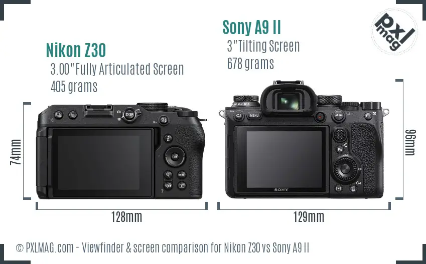 Nikon Z30 vs Sony A9 II Screen and Viewfinder comparison