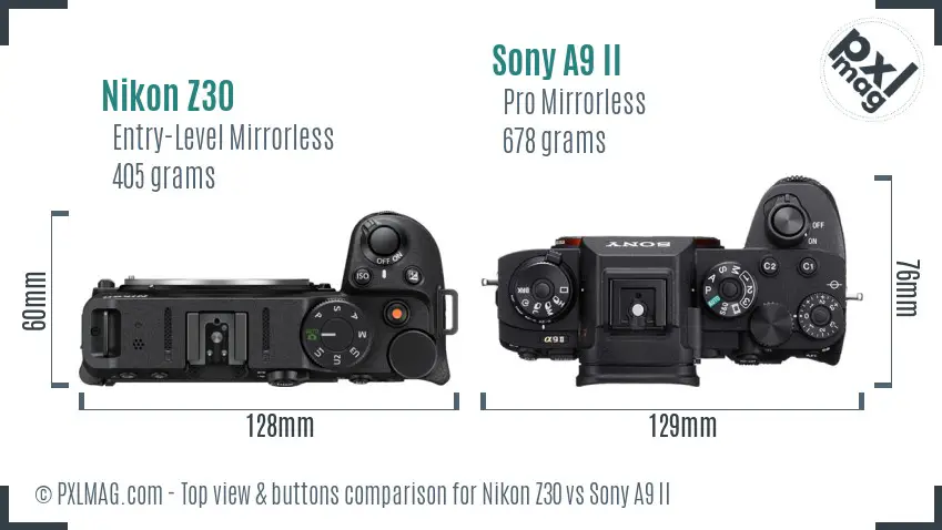 Nikon Z30 vs Sony A9 II top view buttons comparison
