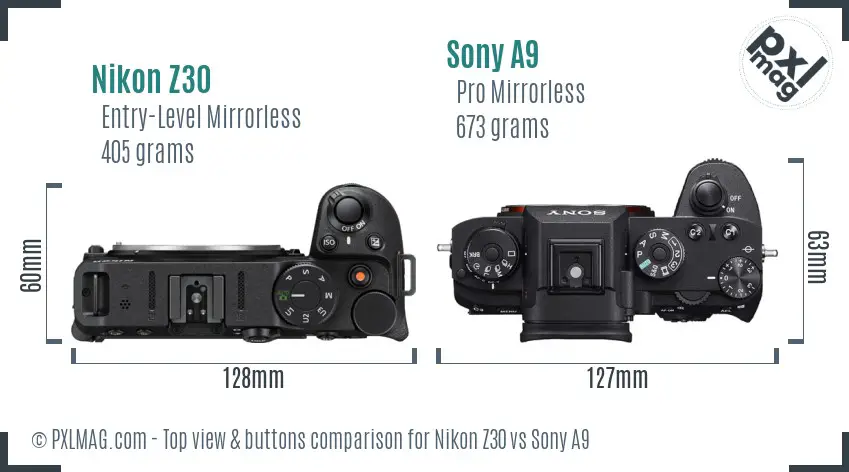 Nikon Z30 vs Sony A9 top view buttons comparison
