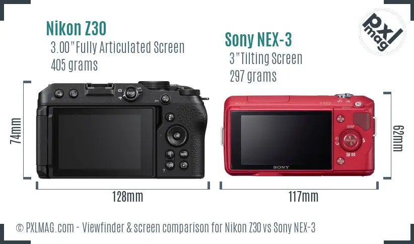 Nikon Z30 vs Sony NEX-3 Screen and Viewfinder comparison