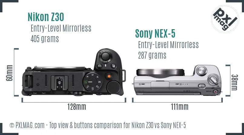 Nikon Z30 vs Sony NEX-5 top view buttons comparison Nikon Z30 vs Sony NEX-5 top view buttons comparison