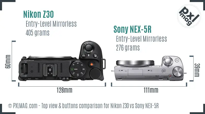 Nikon Z30 vs Sony NEX-5R top view buttons comparison Nikon Z30 vs Sony NEX-5R top view buttons comparison
