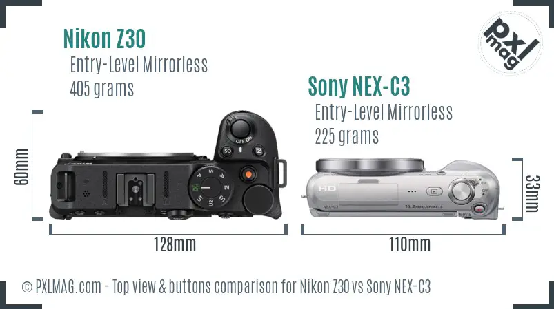 Nikon Z30 vs Sony NEX-C3 top view buttons comparison Nikon Z30 vs Sony NEX-C3 top view buttons comparison