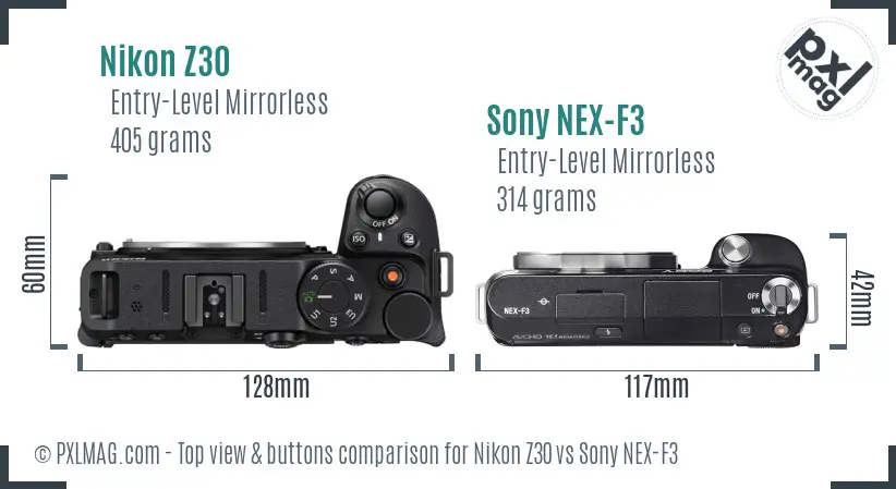 Nikon Z30 vs Sony NEX-F3 top view buttons comparison