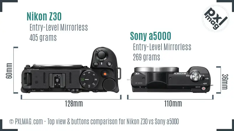Nikon Z30 vs Sony a5000 top view buttons comparison Nikon Z30 vs Sony a5000 top view buttons comparison