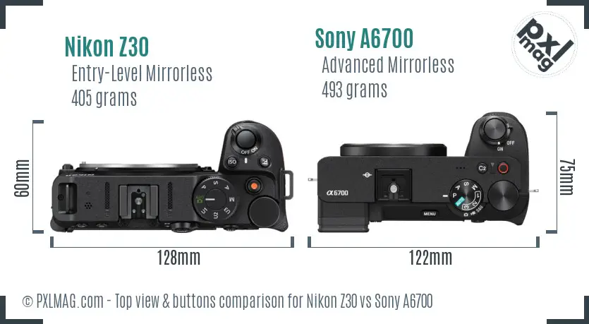 Nikon Z30 vs Sony A6700 top view buttons comparison Nikon Z30 vs Sony A6700 top view buttons comparison