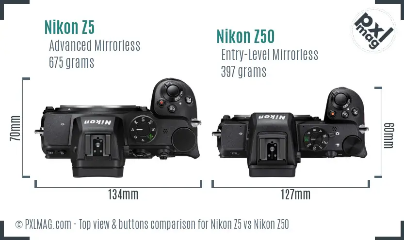 Nikon Z5 vs Nikon Z50 top view buttons comparison