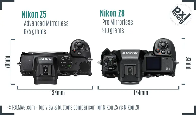 Nikon Z5 vs Nikon Z8 top view buttons comparison