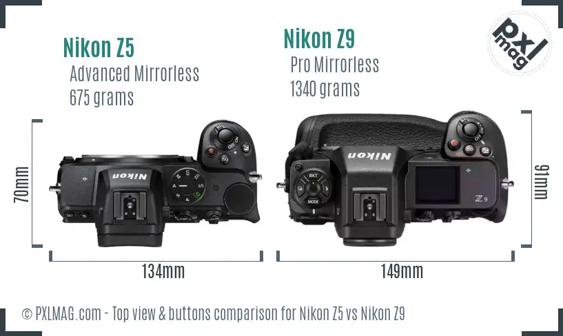 Nikon Z5 vs Nikon Z9 top view buttons comparison