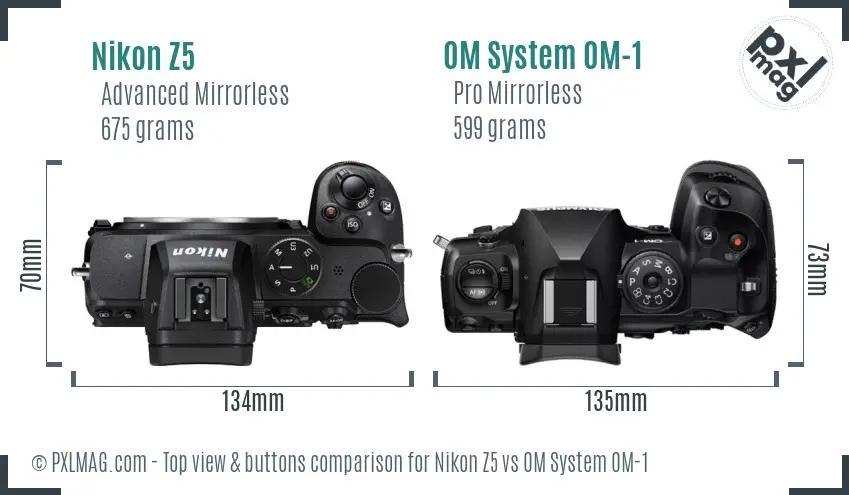 Nikon Z5 vs OM System OM-1 top view buttons comparison