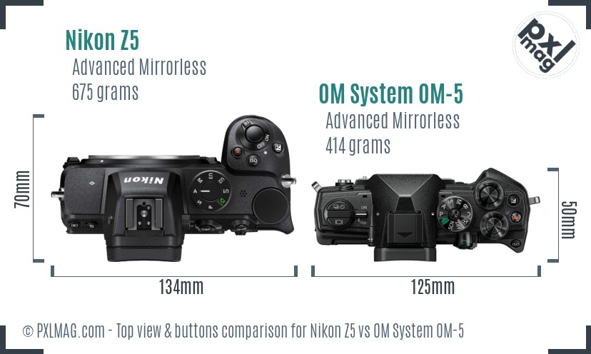Nikon Z5 vs OM System OM-5 top view buttons comparison