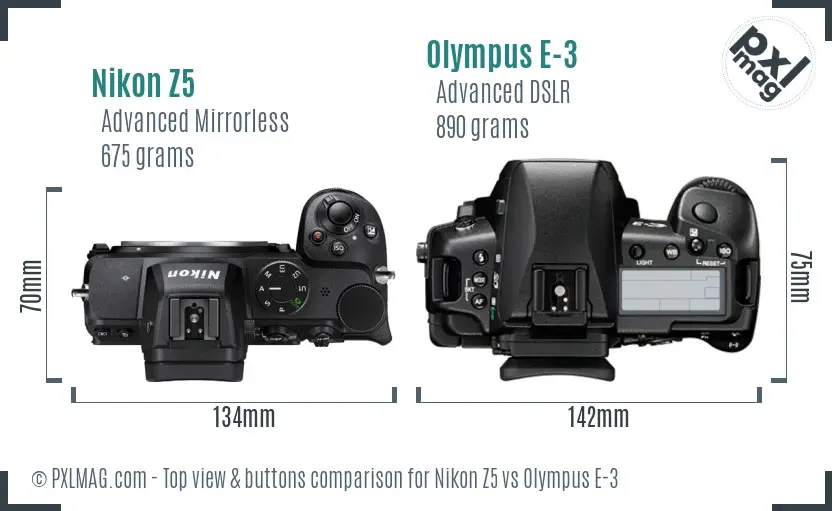 Nikon Z5 vs Olympus E-3 top view buttons comparison