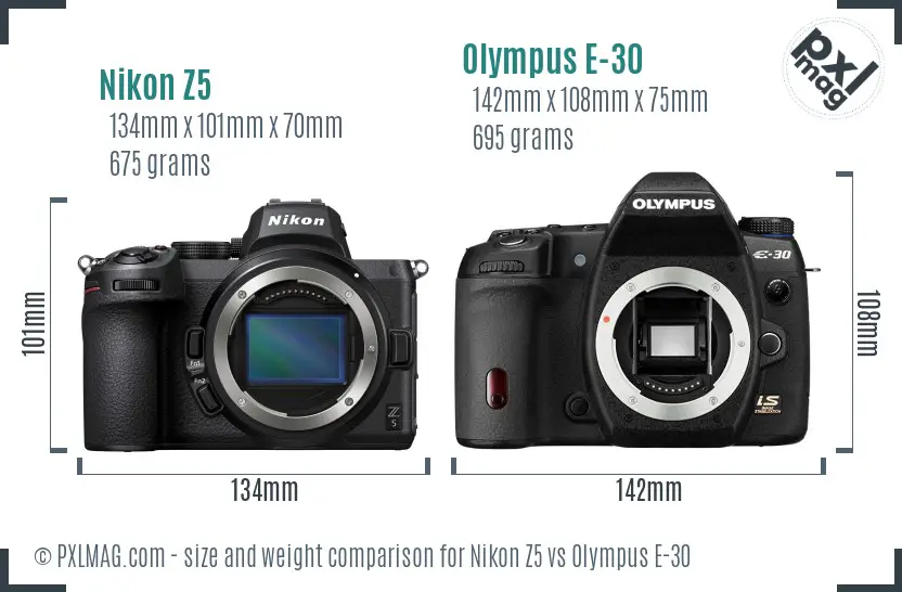 Nikon Z5 vs Olympus E-30 size comparison