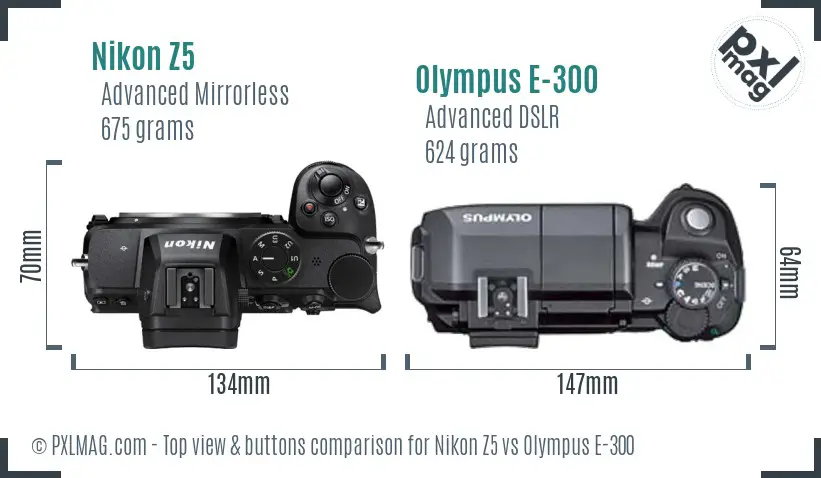 Nikon Z5 vs Olympus E-300 top view buttons comparison