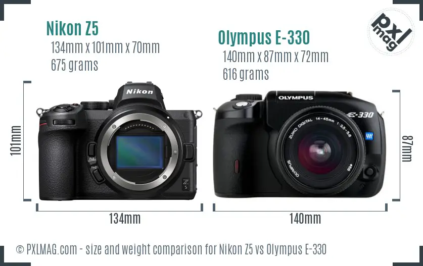 Nikon Z5 vs Olympus E-330 size comparison