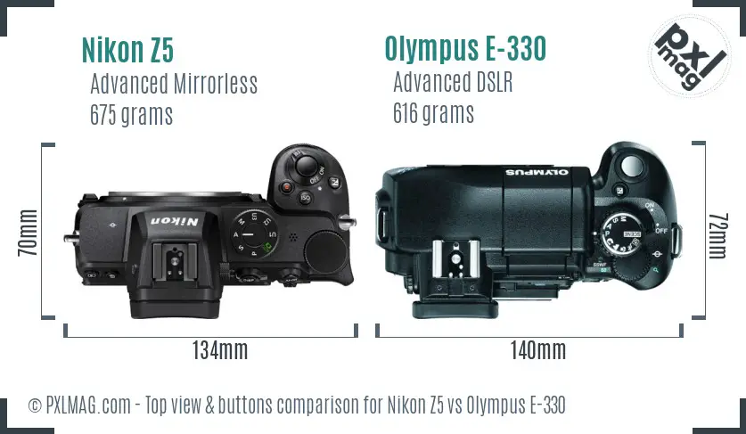 Nikon Z5 vs Olympus E-330 top view buttons comparison