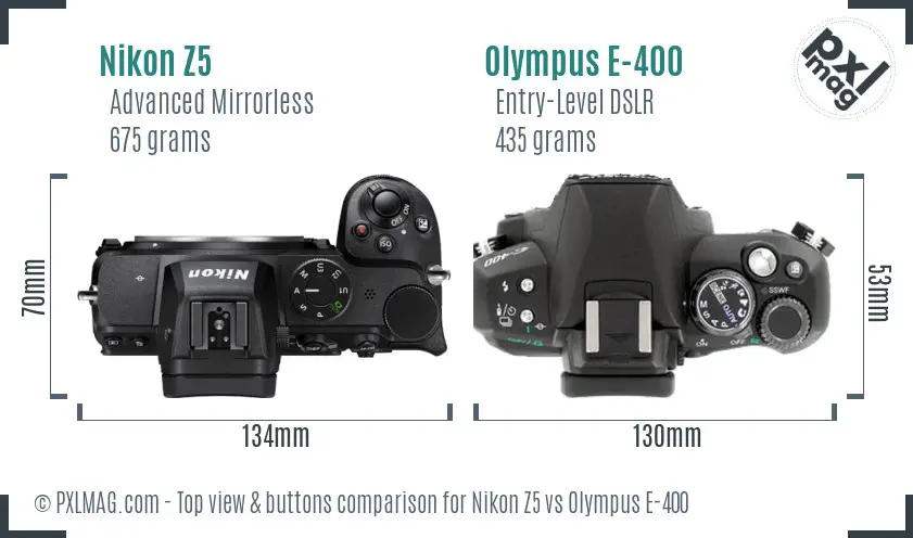 Nikon Z5 vs Olympus E-400 top view buttons comparison